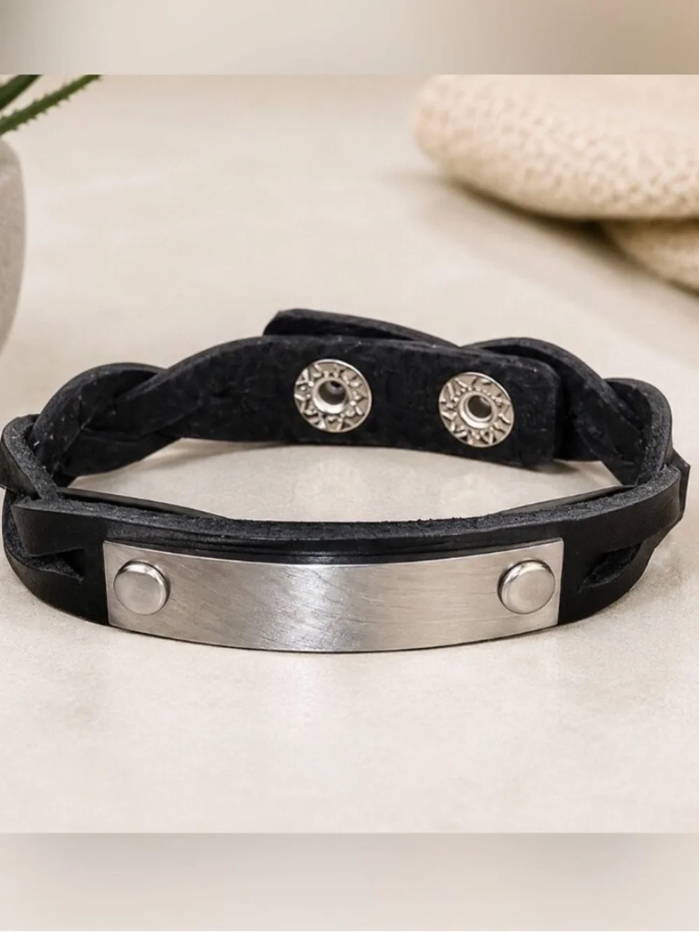 Plunder Design Black Braided Leather Snap Bracelet. Silver ID Tag New in Package